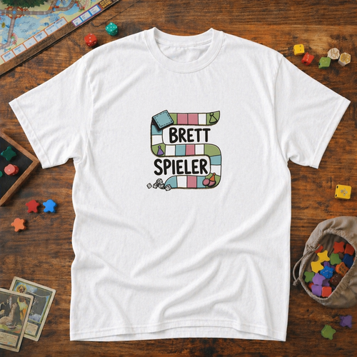 Weißes Brettspieler T-Shirt mit buntem Banner-Design "BRETT SPIELER" im Spielbrett-Look mit Würfel-Icons
